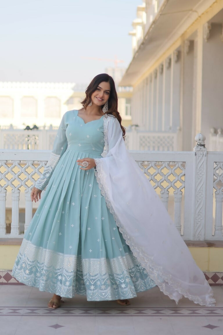 Jyoti Fashion Women's Turquoise Faux Georgette Sequins Thread Embroidery Anarkali Dress with Dupatta | Grocsy
