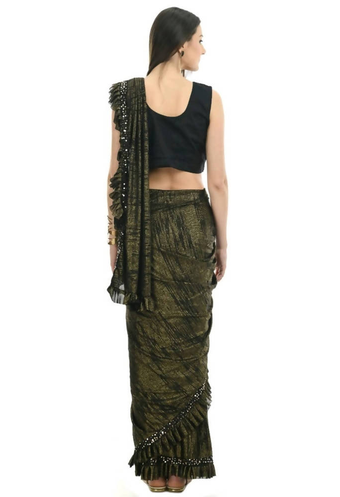 Mominos Fashion All Season Wear Olive Green And Black Ruffled Ready To Wear Saree | Grocsy