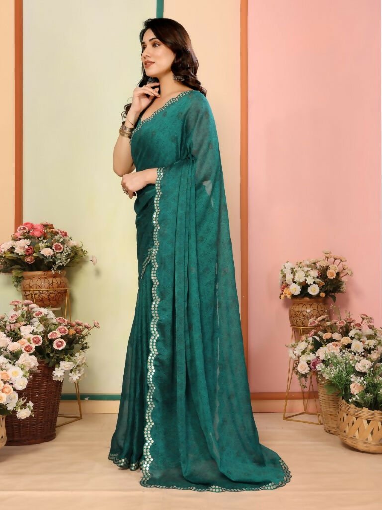 Aafreen Partywear Designer Green White Rangoli Fancy Saree | Grocsy