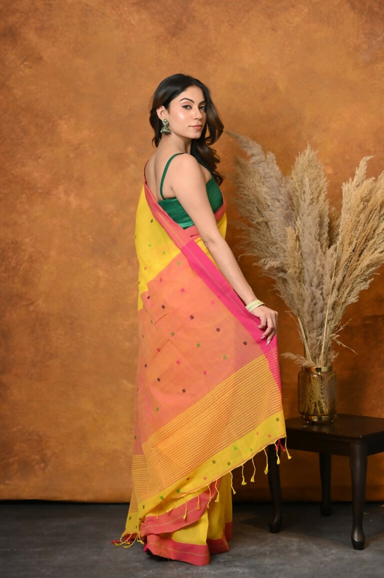 Very Much Indian Handloom Pure Cotton Saree With Sleek Border - Yellow | Grocsy