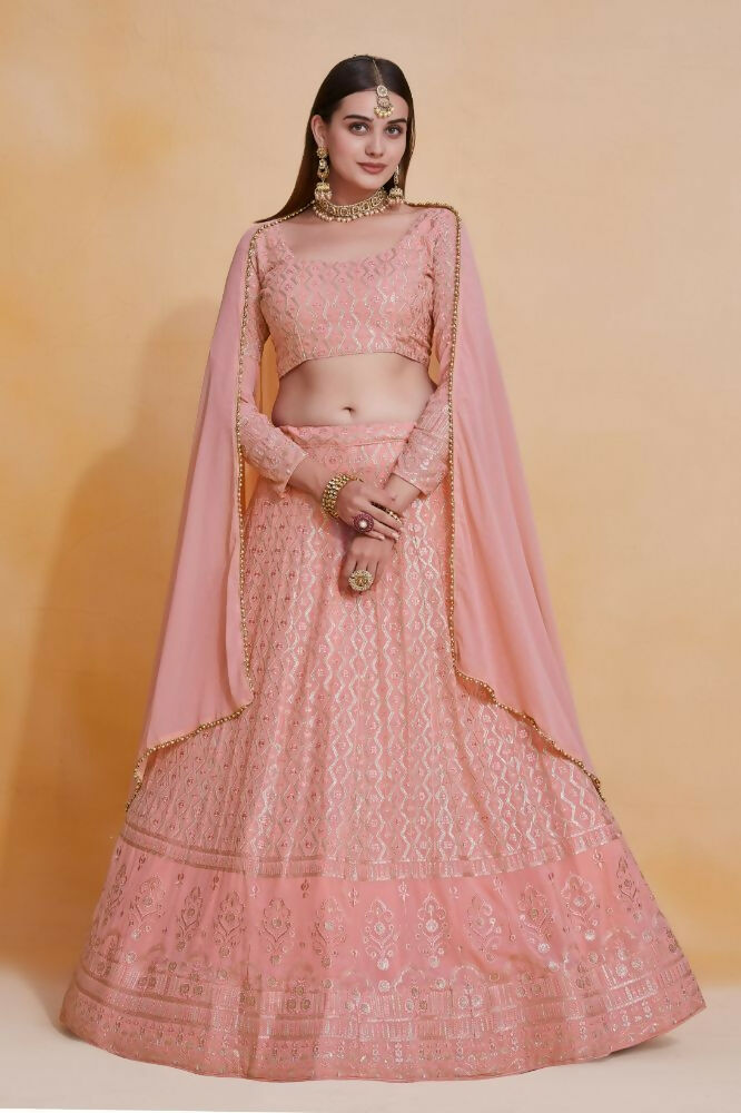 Pink Georgette Thread Sequence Embroidery Work Lehenga Choli - Jihu Culture | Grocsy
