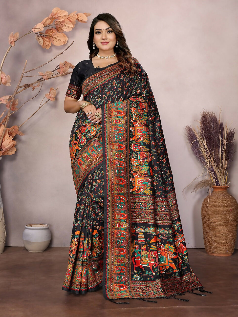 Joban Fashion Black Meena Weaves Pashmina Sarees | Grocsy