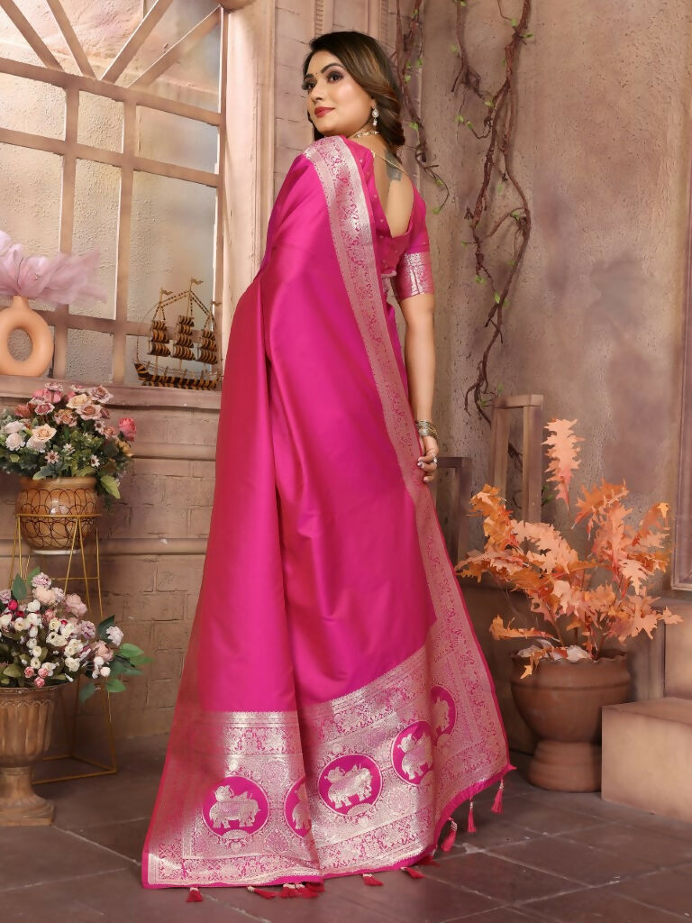 Anaita Dark Pink Banarasi Silk With Beautiful Gala Weaving Saree With Blouse | Grocsy