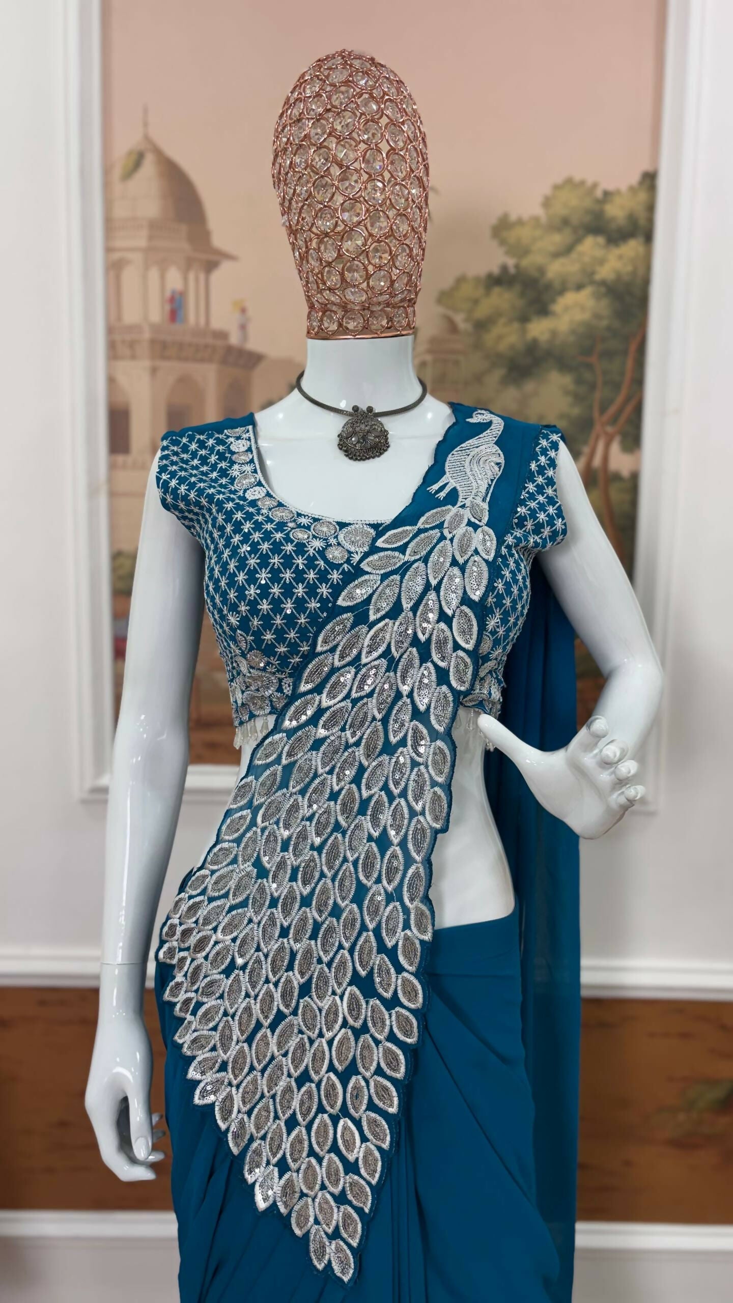 Teeya Creation Blue Color Faux Georgette Embroidery Work Party Wear Ready To Wear Saree | Grocsy