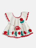 Chutput Kids Woollen Hand Knitted Full Sleeves Rosette Work Dress For Baby Girls - White | Grocsy