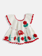 Chutput Kids Woollen Hand Knitted Full Sleeves Rosette Work Dress For Baby Girls - White | Grocsy