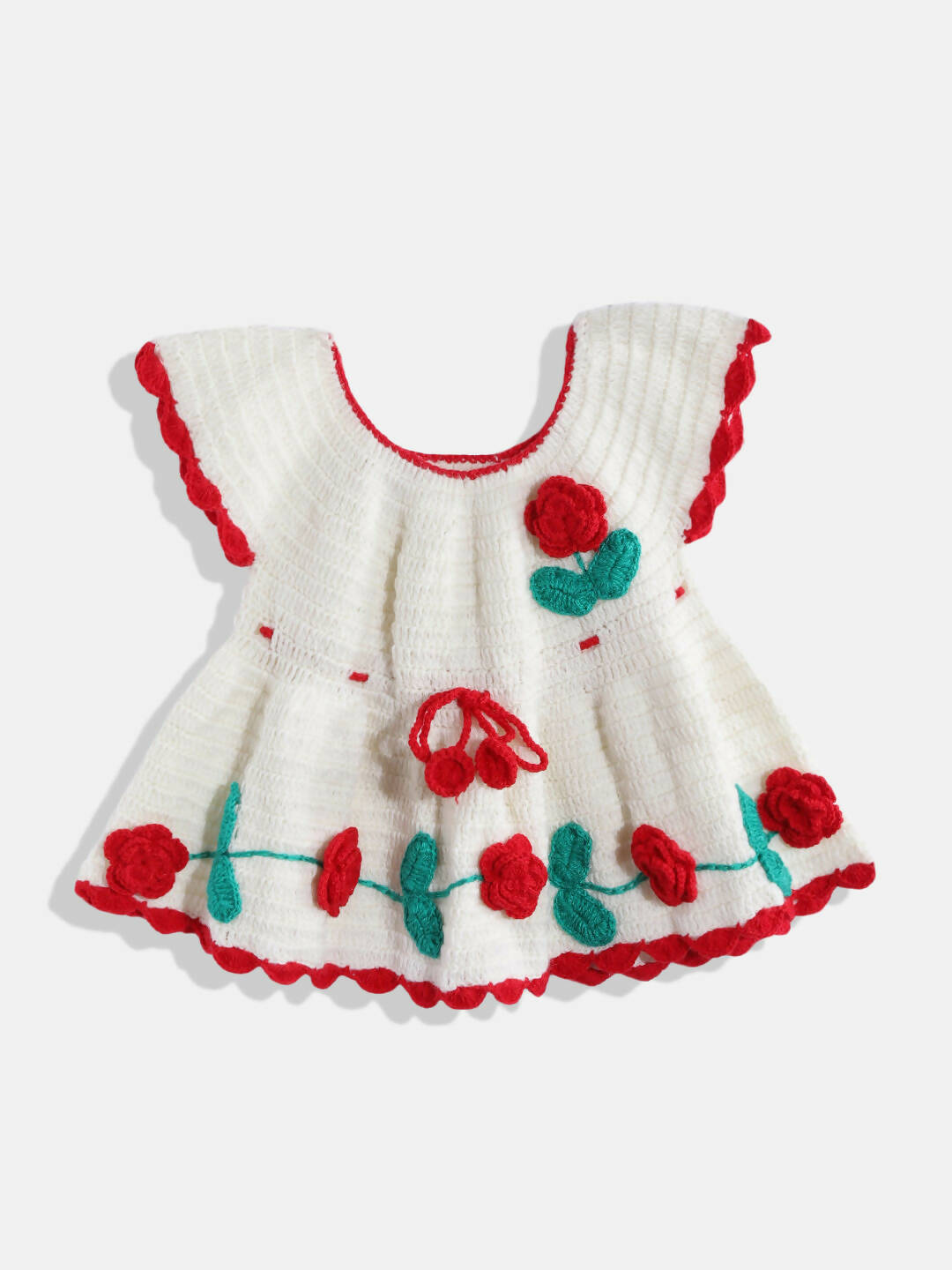 Chutput Kids Woollen Hand Knitted Full Sleeves Rosette Work Dress For Baby Girls - White | Grocsy