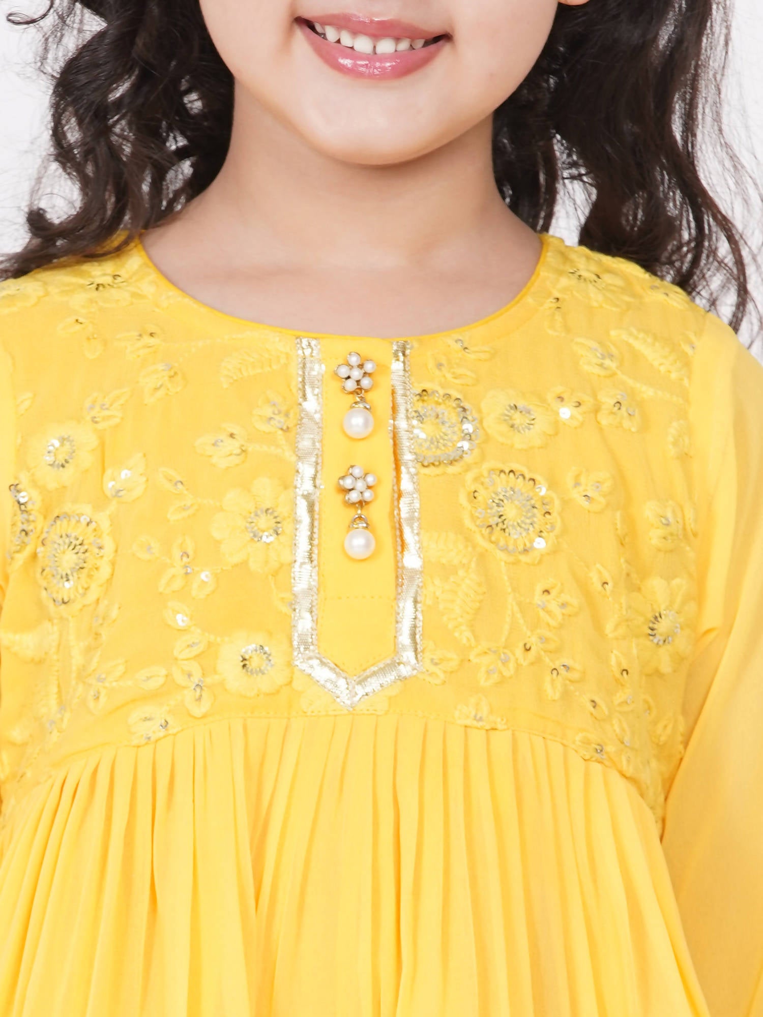 Little Bansi Girls Cotton Gotta Patti Kurta frock with Sharara & Dupatta - Yellow | Grocsy