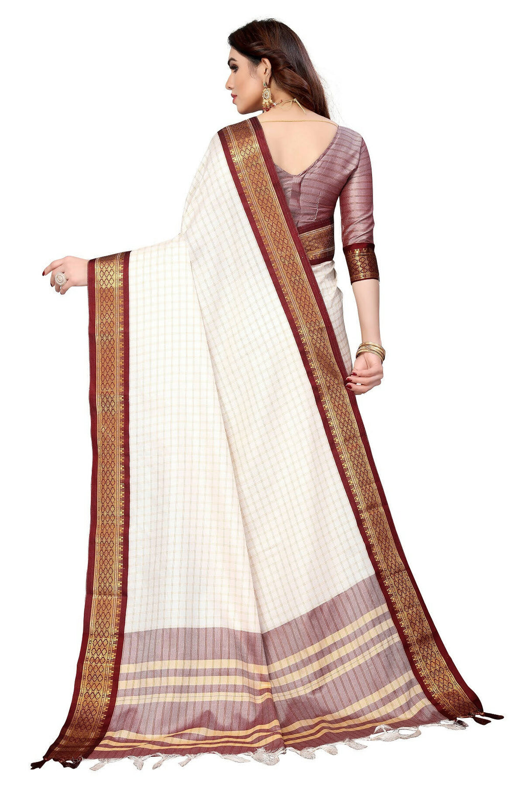 Vamika Weaving White Cotton Silk Saree (DEVAL MAROON) | Grocsy