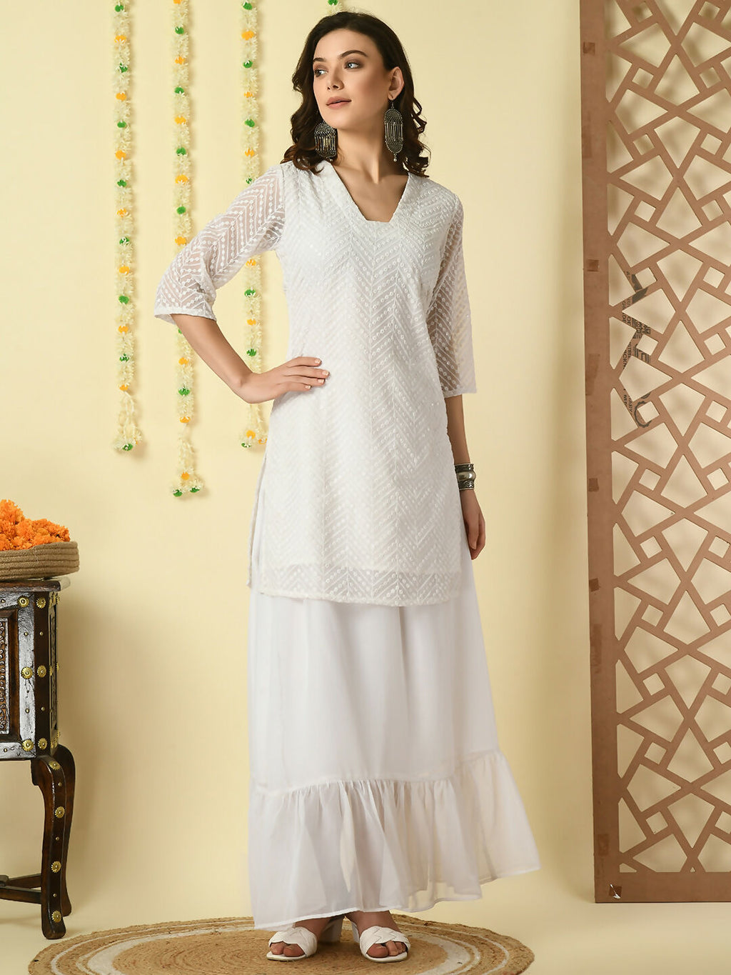 Myshka Women's White Georgette Kurti & Skirt With Dupatta Party Sets | Grocsy