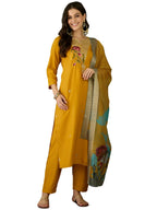 The52 Mustard Women's Beautiful Rayon Fabric Embroidered Work Straight Kurta, Pant and Dupatta Set | Grocsy