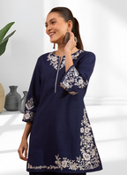 Joban Fashion Navy Blue Cotton, Linen Embroidered Readymade Cord Set | Grocsy