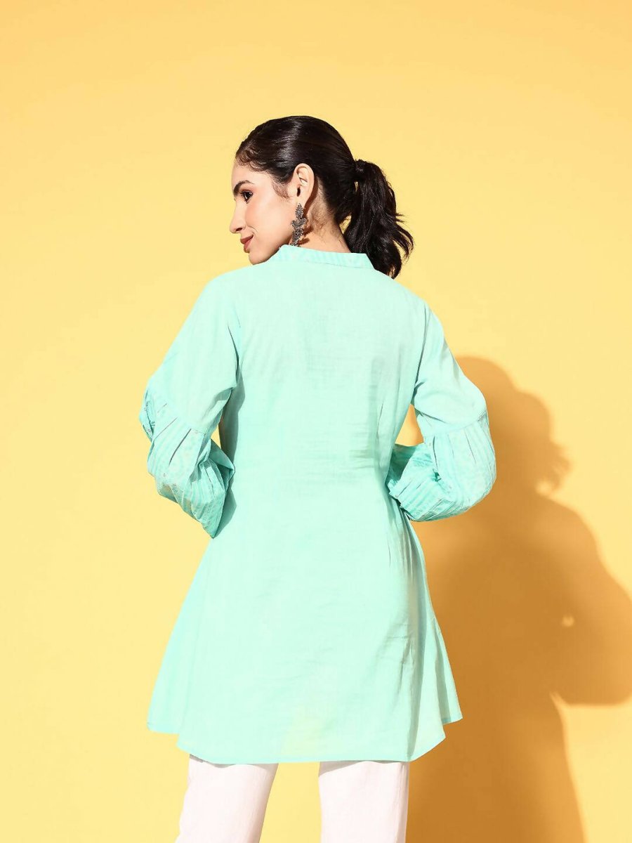 Ahalyaa Women Mint Green Pure Cotton Silver Print Tunic | Grocsy
