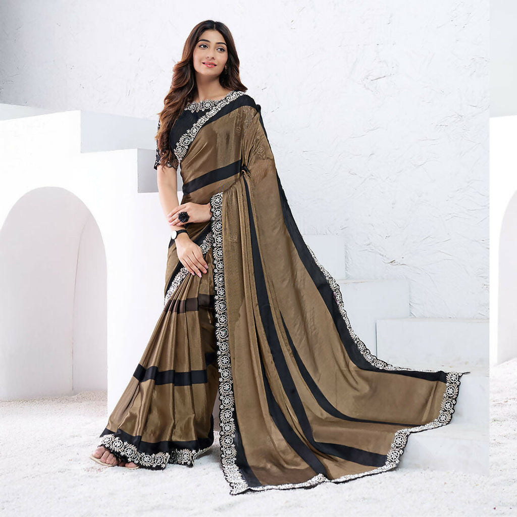 Dark Brown Pattern Georgette Moti With Real Mirror Work Saree With Unstitched Blouse - Norita Swaraa | Grocsy