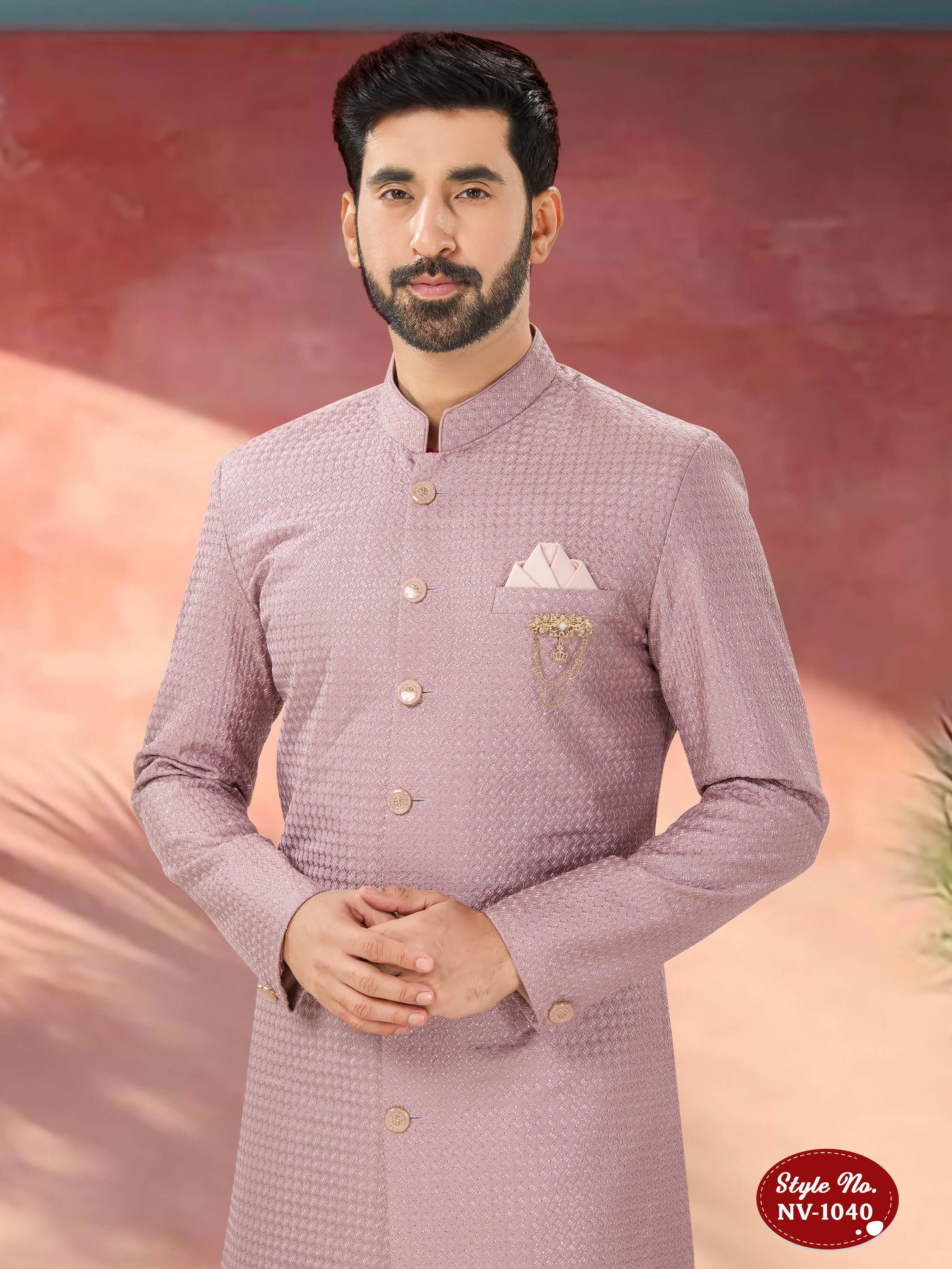 Joban Fashion Men's Pink Straight Silk Thread And Sequence Embroidary All Over Indo-Western Kurta Set | Grocsy