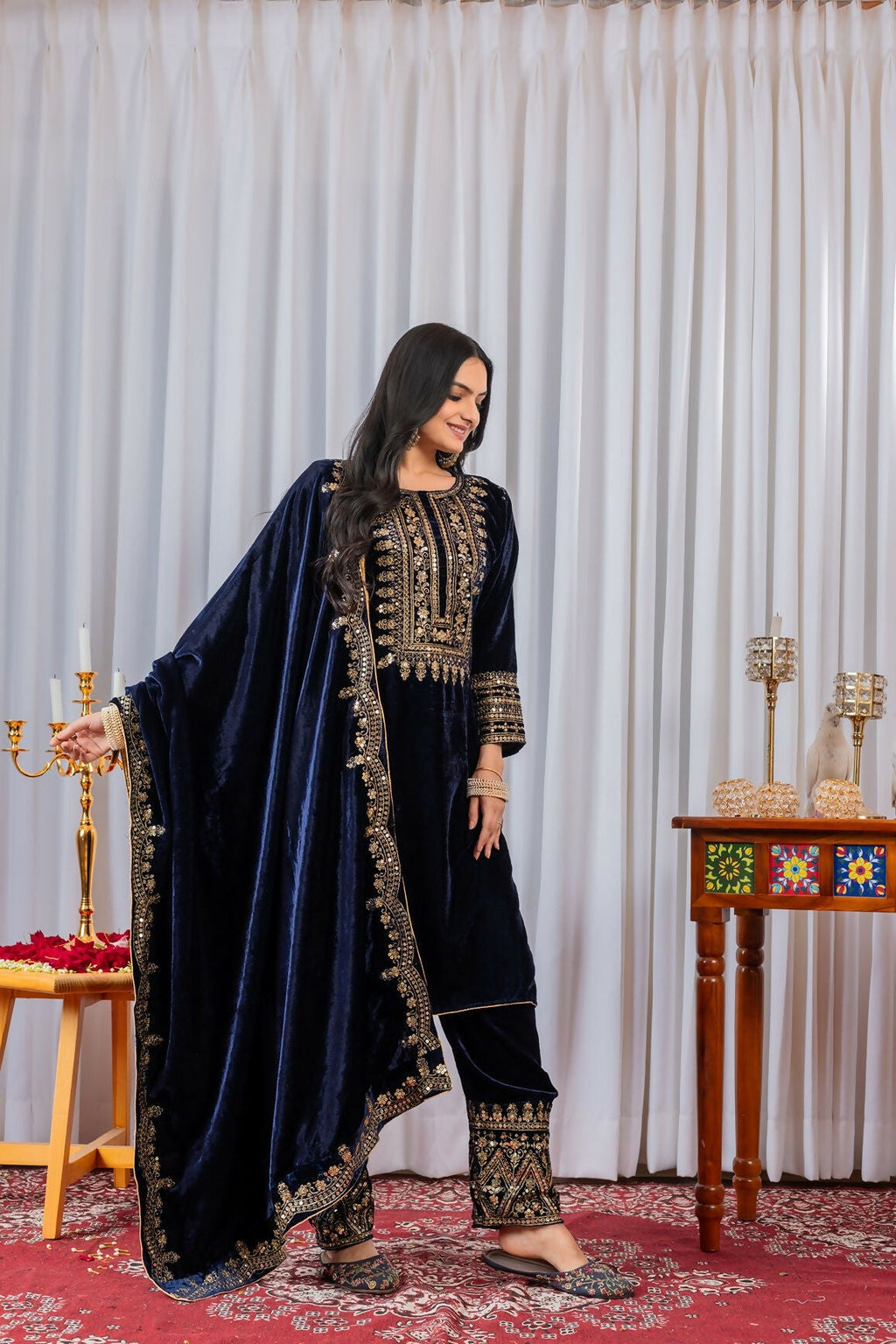 Joban Fashion Navy Blue Velvet Sequence Embroidery Work Kurta Set | Grocsy