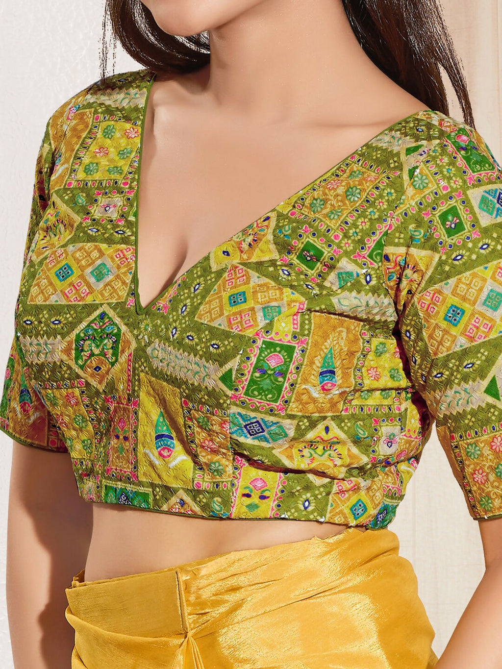 Joban Fashion Mehendi Green Viscose Rayon Padded Blouse With V Neck Elbow Sleeves | Grocsy