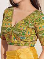 Joban Fashion Mehendi Green Viscose Rayon Padded Blouse With V Neck Elbow Sleeves | Grocsy