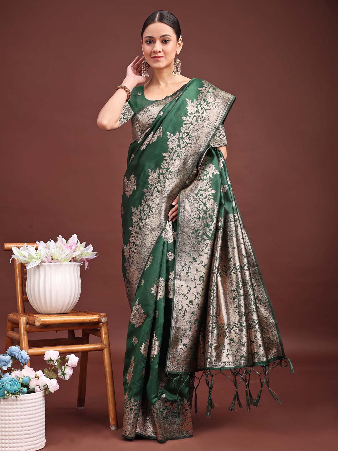 Anaita D Green Banarasi Silk Woven Work Saree With Blouse | Grocsy