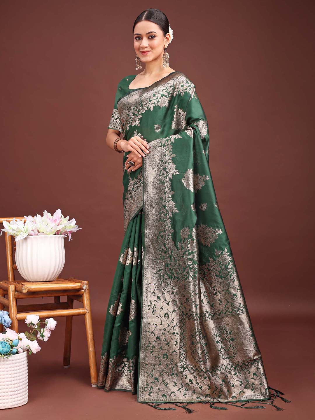 Anaita D Green Banarasi Silk Woven Work Saree With Blouse | Grocsy