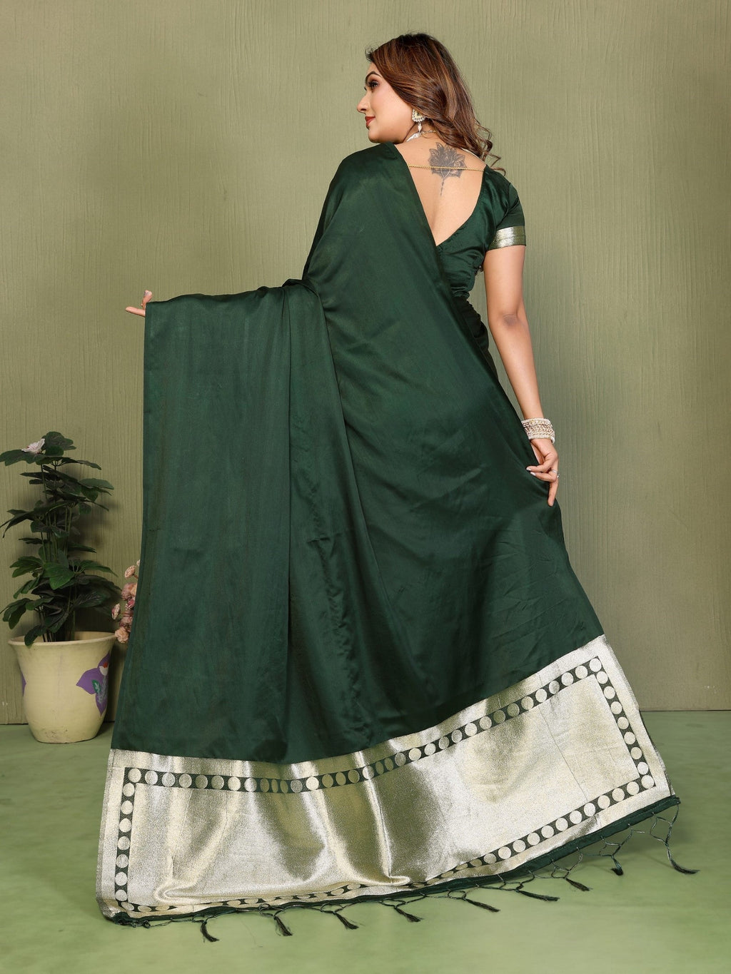 Anaita D Green Zari Weaving Work Satin Silk Saree With Blouse | Grocsy
