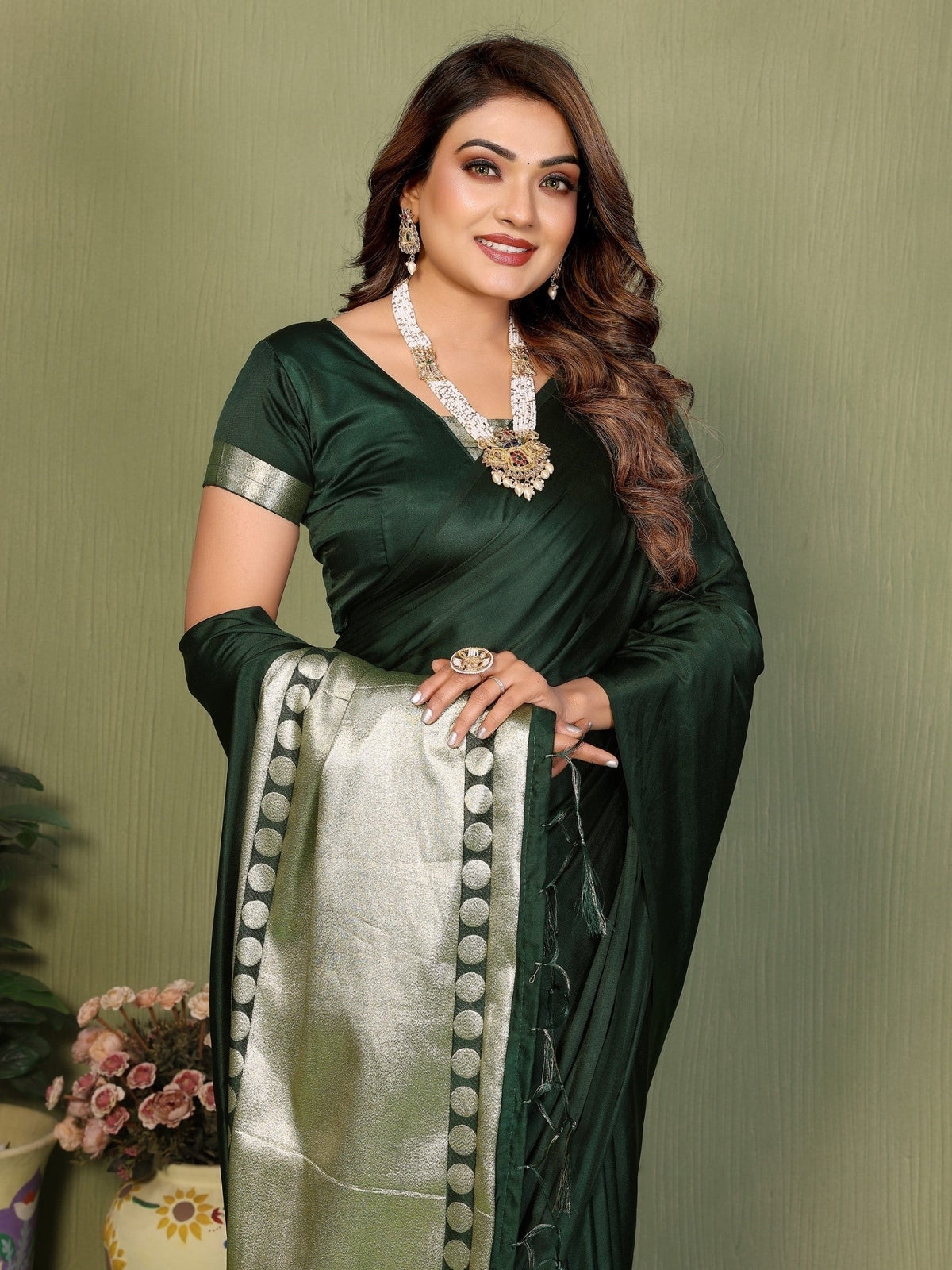 Anaita D Green Zari Weaving Work Satin Silk Saree With Blouse | Grocsy