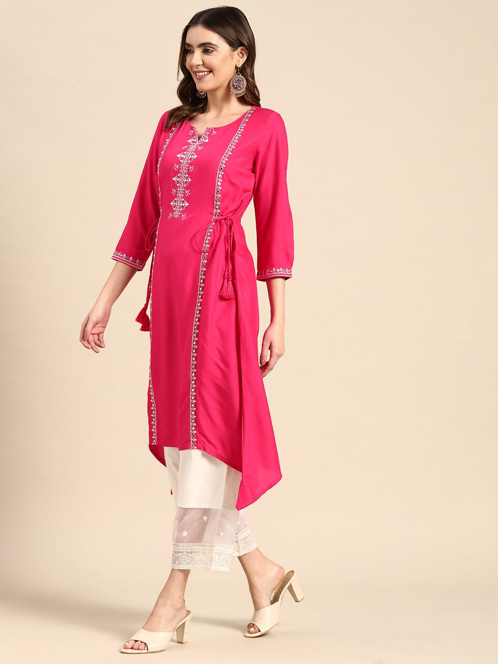 Sangria Floral Embroidered Mirror Work Kurta | Grocsy