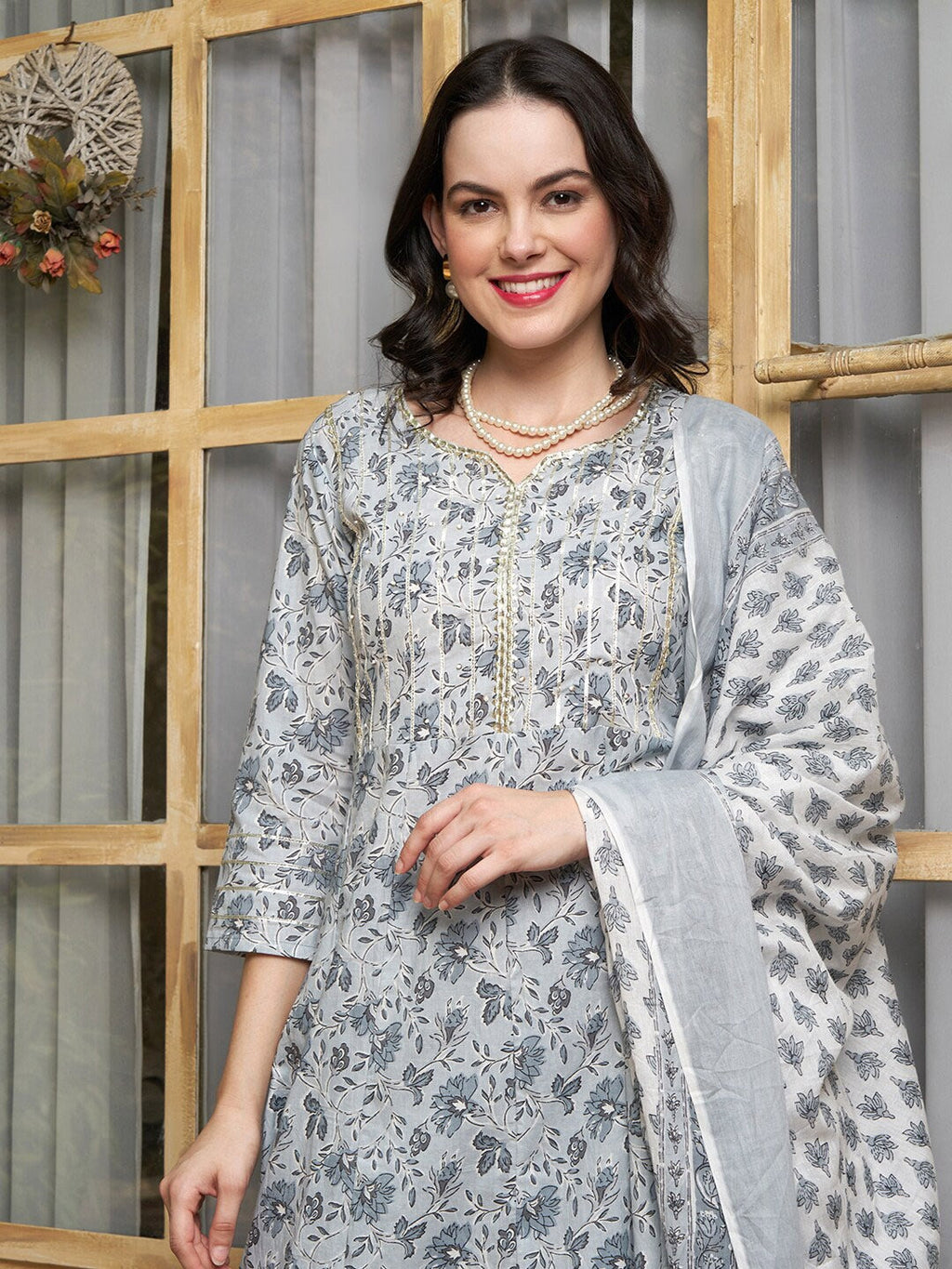 Sangria Floral-Printed Pure-Cotton Anarkali Kurta With Trouser & Dupatta | Grocsy