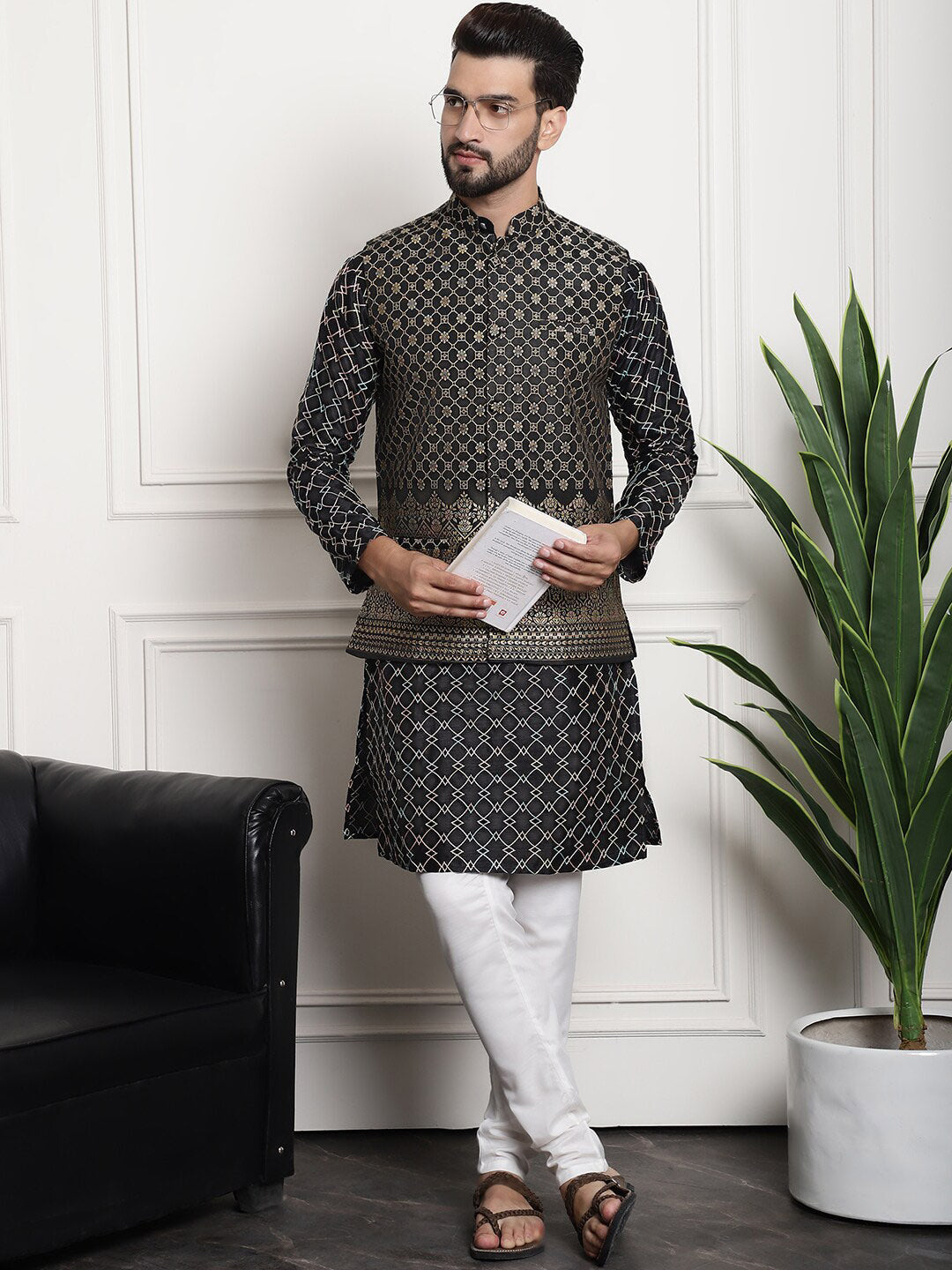 Sojanya Ethnic Motifs Woven Design Embroidered Straight Kurta & Churidar With Nehru Jacket | Grocsy