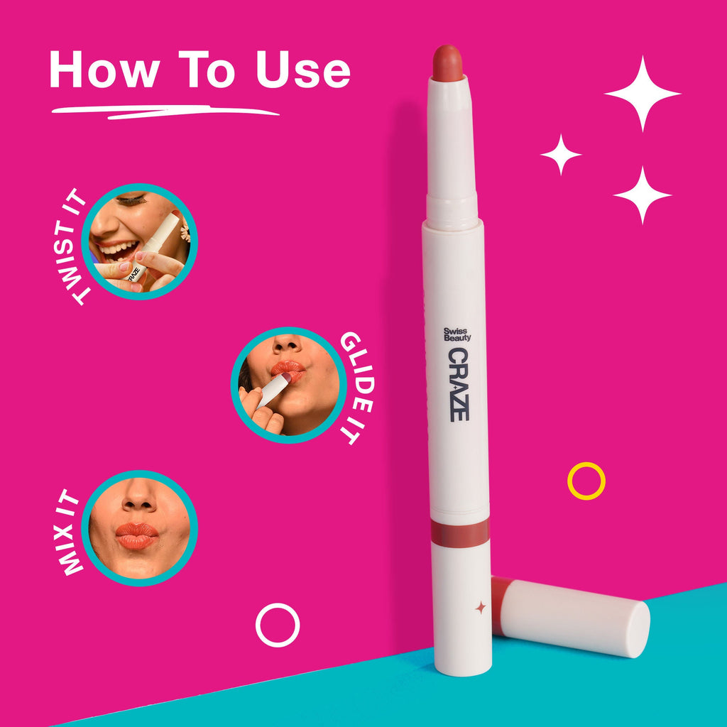 Swiss Beauty CRAZE Duo 2 In 1 Satin Matte Finish Lipstick Non-Transfer Lip Colour - 03 Choco Spice | Grocsy