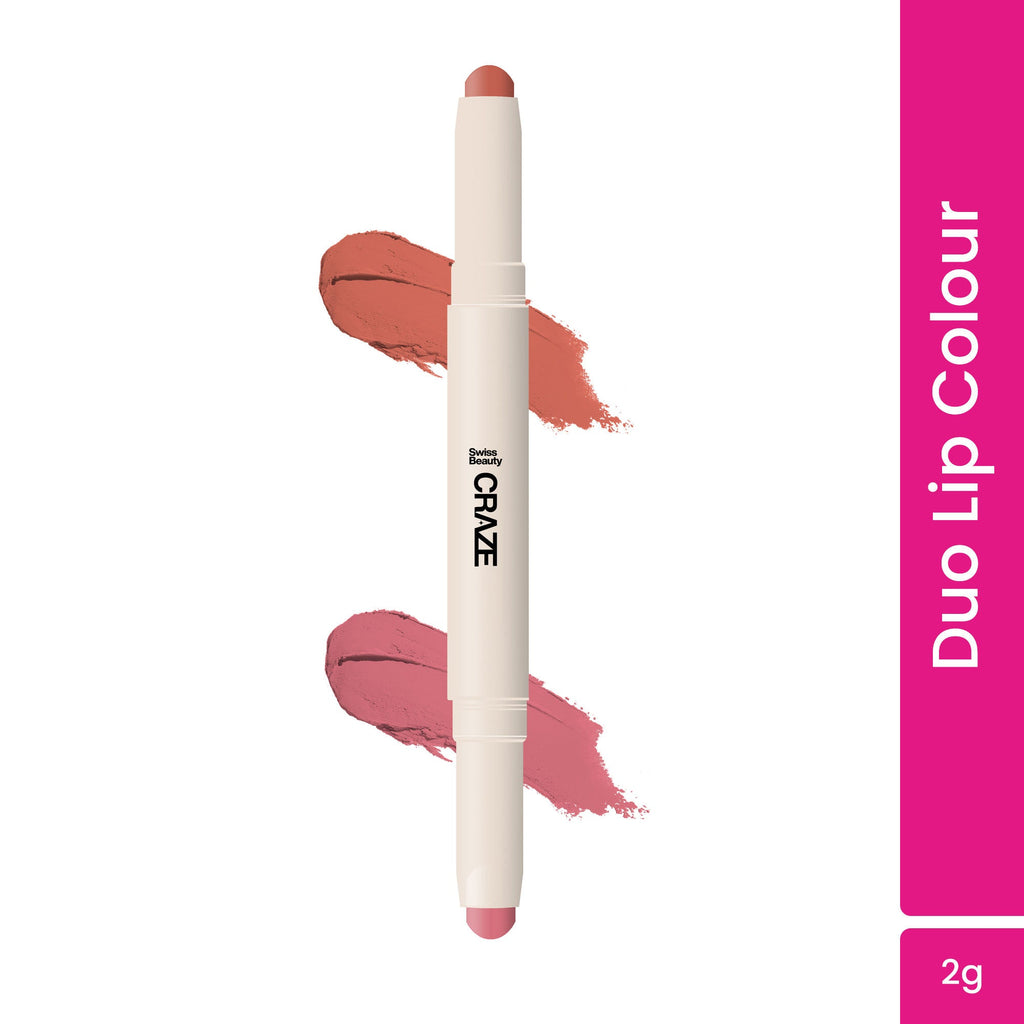 Swiss Beauty CRAZE Duo 2 In 1 Satin Matte Finish Lipstick Non-Transfer Lip Colour - 05 Peach Me Pink | Grocsy