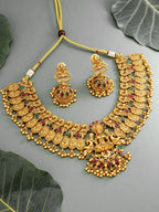 Aadita Gold-Toned Red & Green Stone-Studded Temple Jewelry Set | Grocsy