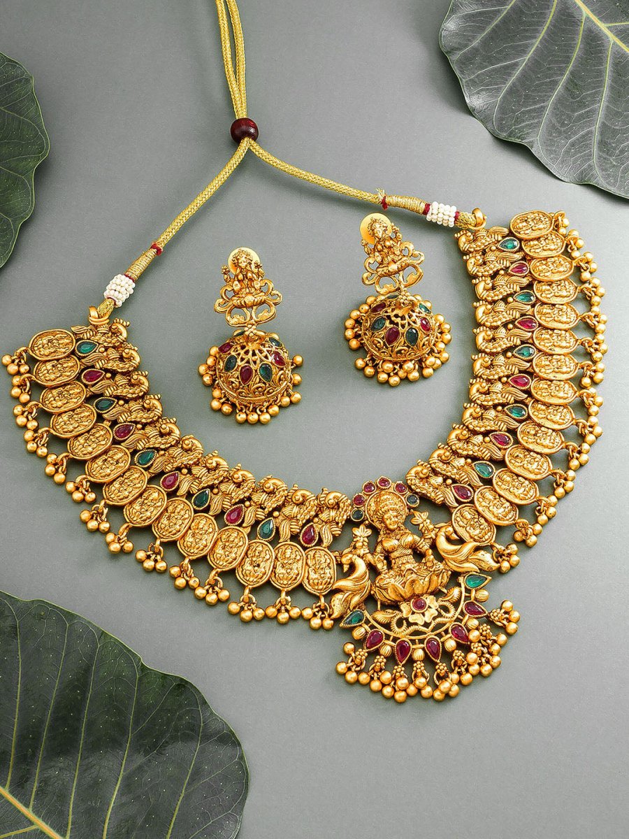 Aadita Gold-Toned Red & Green Stone-Studded Temple Jewelry Set | Grocsy