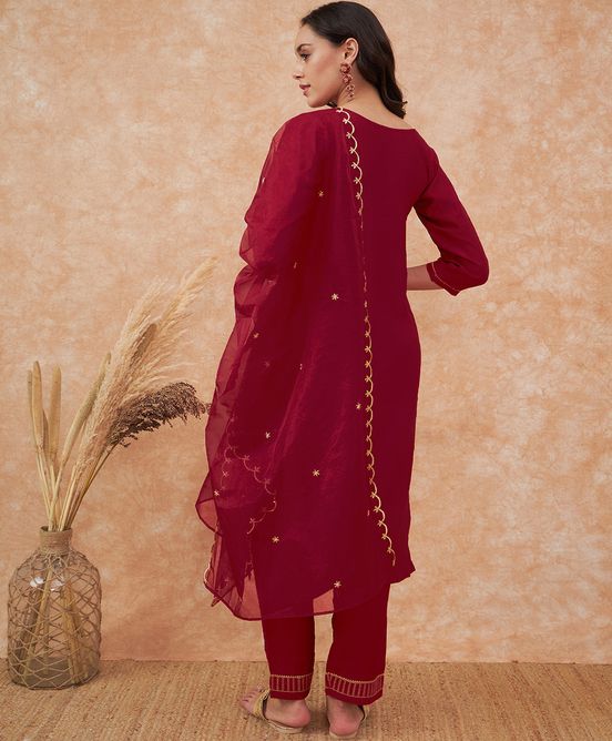 Sangria Maroon Floral Embroidered Straight Kurta With Trousers & Dupatta | Grocsy