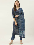 FIORRA Women's Blue Cotton Straight Kurta Pant With Dupatta | Grocsy