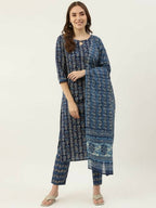 FIORRA Women's Blue Cotton Straight Kurta Pant With Dupatta | Grocsy