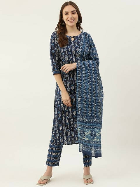 FIORRA Women's Blue Cotton Straight Kurta Pant With Dupatta | Grocsy