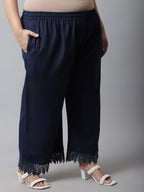 TAG 7 Women Navy Blue Linen Plus Size Lace Ethnic Palazzos | Grocsy