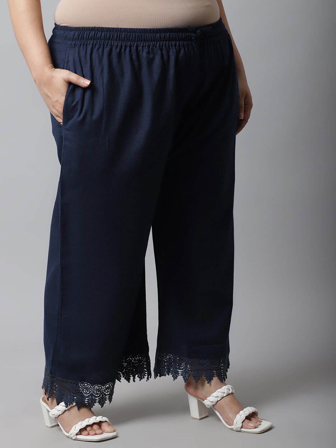 TAG 7 Women Navy Blue Linen Plus Size Lace Ethnic Palazzos | Grocsy