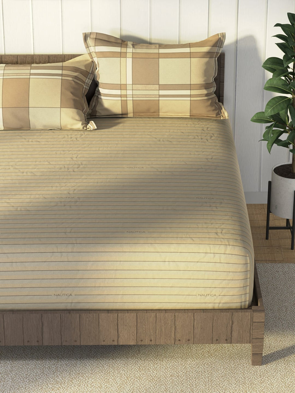 Nautica Brown & Brown Striped Cotton 160 TC King Bedsheet With 2 Pillow Covers | Grocsy