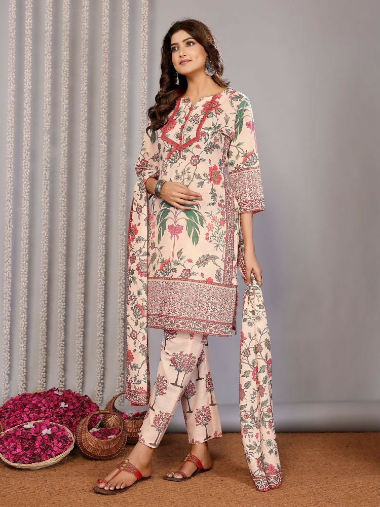 Joban Fashion Women Cream Linen Printed Stitched Kurta Set | Grocsy