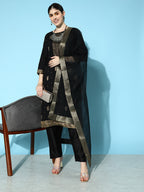 Sangria Floral Yoke Design Jacquard Kurta with Trousers & With Dupatta | Grocsy