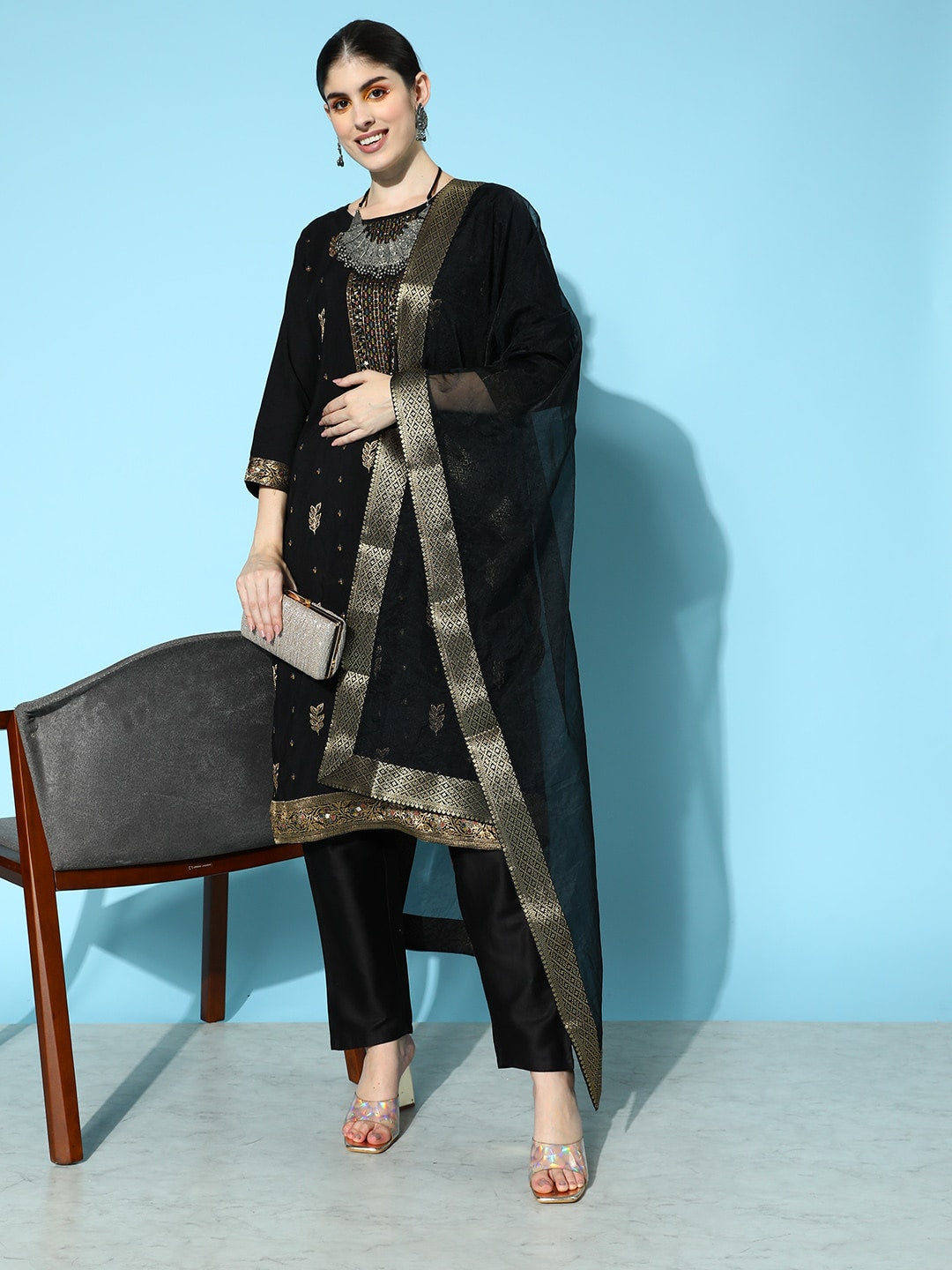 Sangria Floral Yoke Design Jacquard Kurta with Trousers & With Dupatta | Grocsy