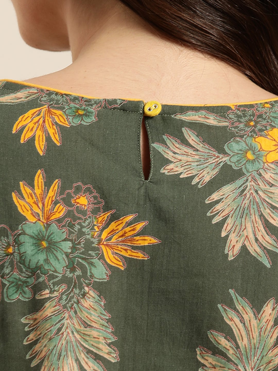 Sangria Women Olive Green & Mustard Yellow Pure Cotton Floral Printed Kurta | Grocsy