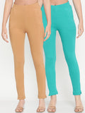 TAG 7 Women Turquoise Blue & Beige Ankle-Length Leggings Pack of 2 | Grocsy