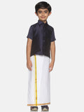 Sethukrishna Boys Navy Blue & White Solid Shirt and Veshti Set | Grocsy