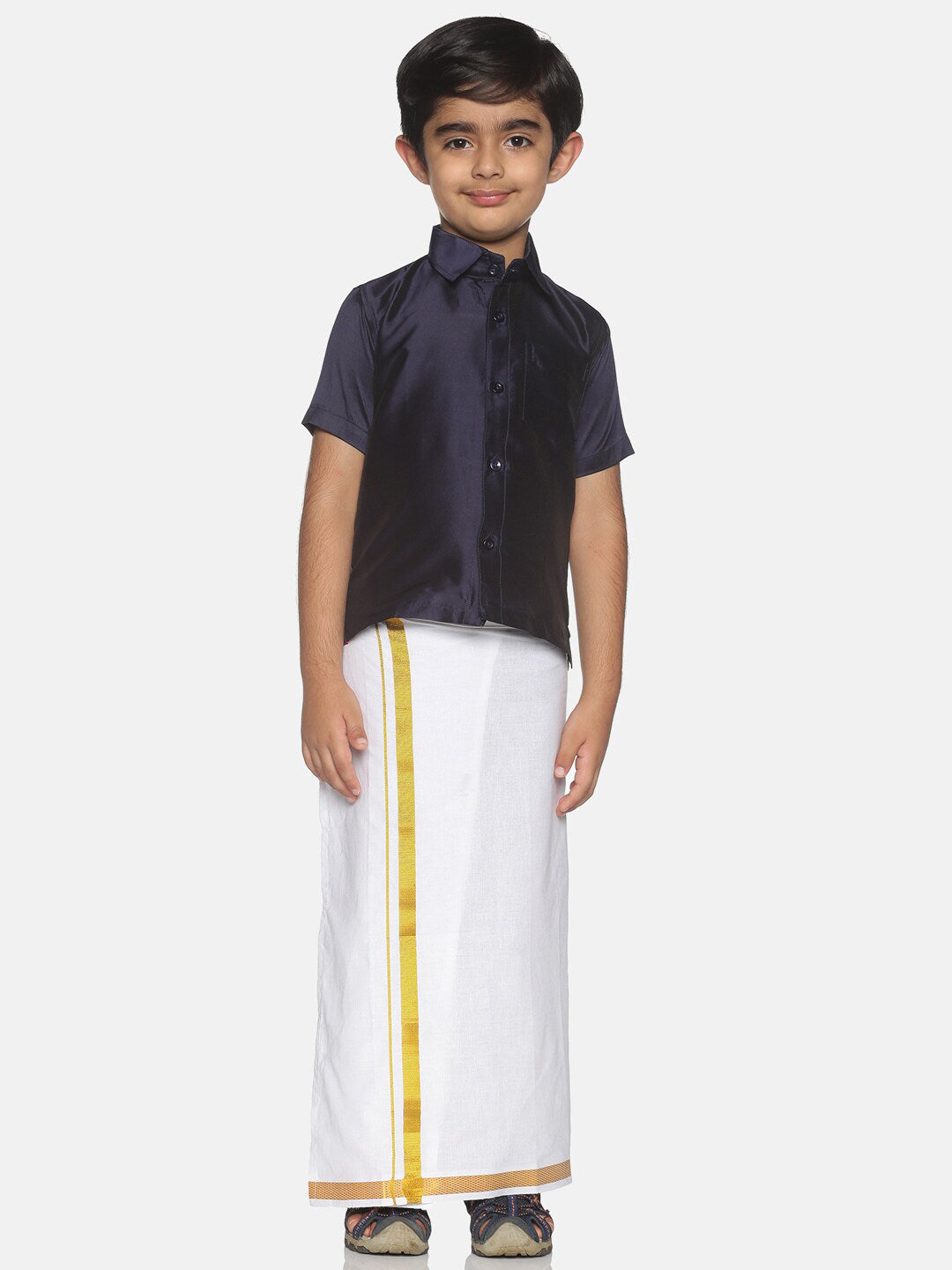 Sethukrishna Boys Navy Blue & White Solid Shirt and Veshti Set | Grocsy