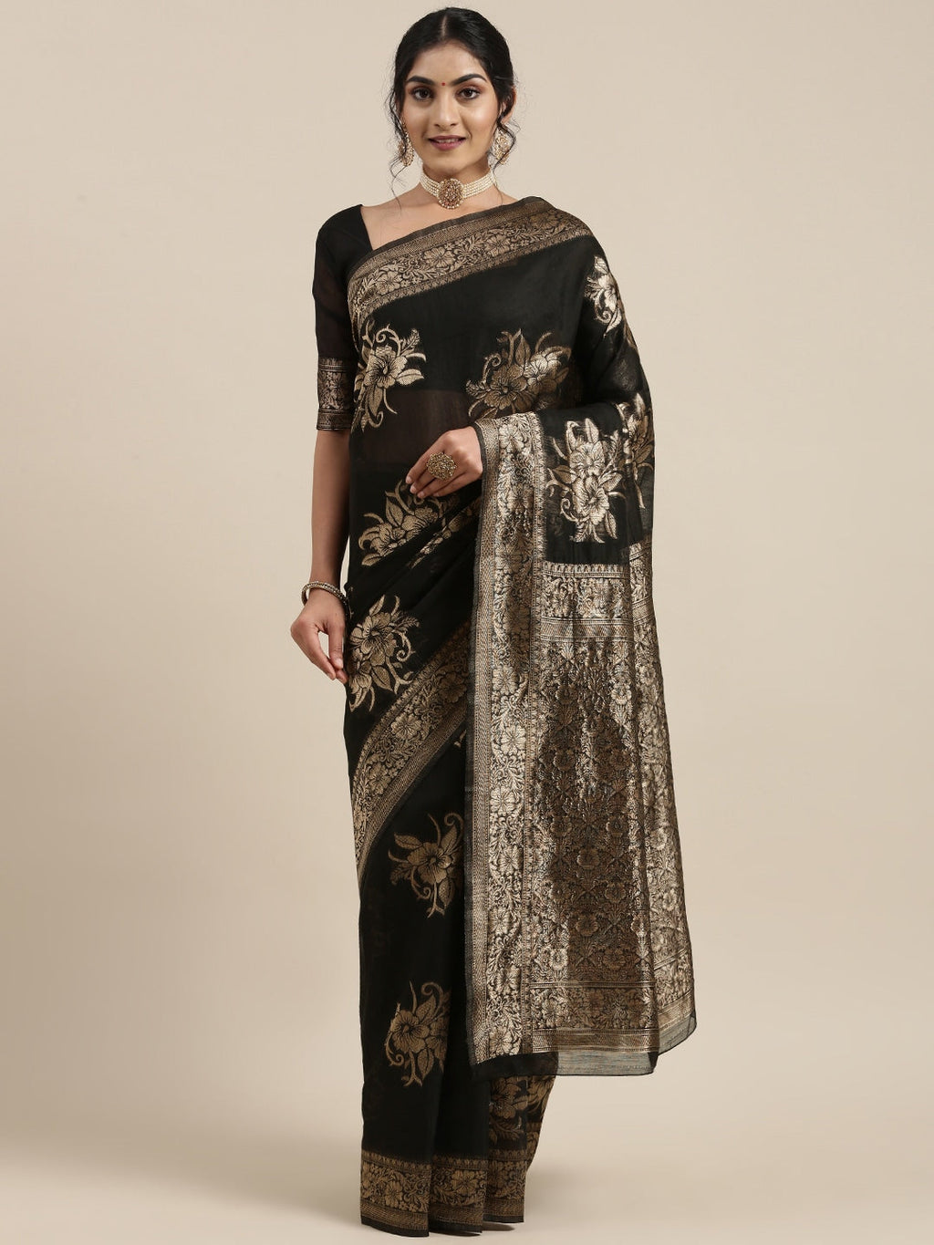 Saree Mall Black Floral Linen Blend Banarasi Saree | Grocsy