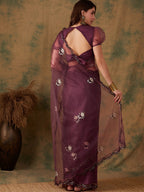 Sangria Purple Floral Embroidered Beads and Stones Embellished Net Saree | Grocsy