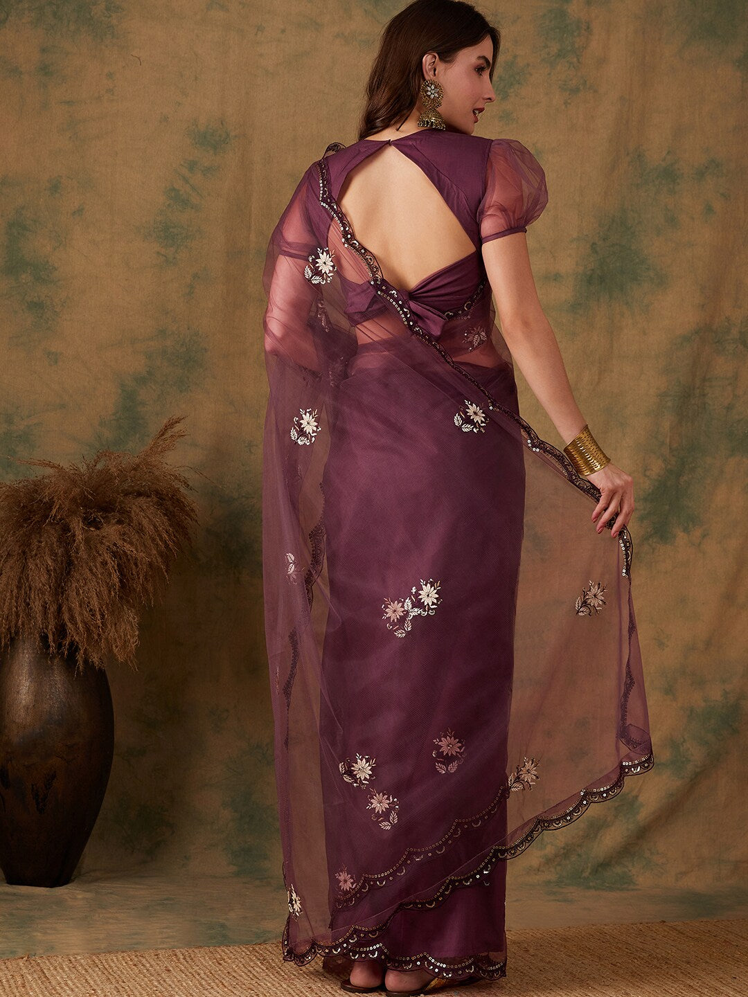 Sangria Purple Floral Embroidered Beads and Stones Embellished Net Saree | Grocsy